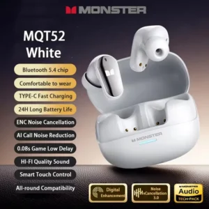 سماعات Monster MQT52 اللاسلكية Bluetooth 5.4 – صوت HiFi للألعاب والموسيقى